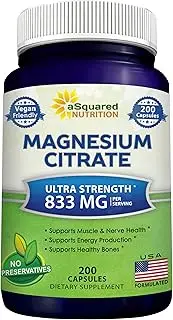 Pure Magnesium Citrate 833mg Supplement - 200 Veggie Capsules - Max Strength Vegan Mag Citrate Powder Pills to Support Function of Muscles, Heart & Bones - Helps Calm Nerves & Increase Energy