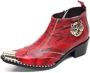 [Generic] Ankle Boots for Men Genuine Leather Zip Closure Metal Tip with Pull Tap Tiger Pattern Studs Decoration 6CM High Heel Shoes Men's Leather Shoes