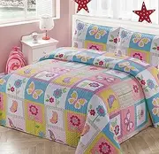 Kids Zone Home Linen Bedspread Coverlet Quilt Set for Girls Patchwork Butterfly Flowers White Purple Blue Green Pink (Twin)