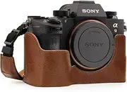 MegaGear MG1244 Sony Alpha A7 III, A7R III, A9 Ever Ready Genuine Leather Camera Half Case and Strap - Brown