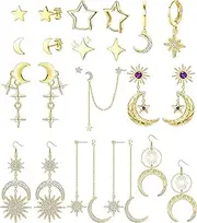 [Kakonia] 11Pair Star Moon Earrings for Women Gold Silver Stainless Steel Star Small Tiny Stud Hoop Earring Half Moon Sun Long Dangle Statement CZ Chain Cartilage Helix Earring Set for Women