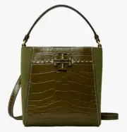 TORY BURCH McGraw Small Bucket Bag Hobo Shoulder Bag New Olive Embossed Leather
