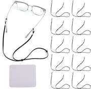[Gosknor] 10pcs Eyeglasses Straps, Adjustable Eye Glasses Holders Around Neck Premium Leather Retainer String with Cleaning Cloth Universal Black Sunglasses Lanyard Glasses Chain Eyewear Rope for Men Women