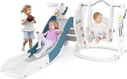 HONEY JOY Toddler Slide and Swing Set, 4-in-1 Indoor Playground w/Extended Slide, Swing, Basketball Hoop and Climber, Kids Slide Playset with Basketball, Pump and Stickers, for 18+ Months Old (Blue)