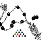 Charm Necklace Owl bird pendant with pearls, COLOR CHOICE, clip on or pierced