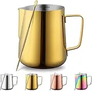 Kyraton Milk Frothing Pitcher 21oz - 620ml, Stainless Steel Espresso Steaming Pitchers with Decorating Pen,Milk Coffee Frother Cups Cappuccino Latte Art Barista Steam Pitchers Milk Jug Cup (Gold)