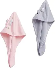 MUSISALY 2pcs Cartoon Animal Dry Hair Hat Fast Drying Coral Fleece Towel for Quick Absorption Includes Grey for Home Use Travel