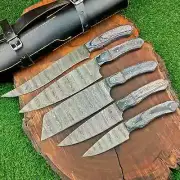 Custom DAMASCUS Steel Chef Knife Hand Forged 5 Pcs Chef Set With Leather Sheath.
