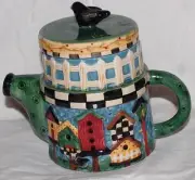 Debbie Mumm Sakura BIRDHOUSES Garden Picket Fence Porcelain Teapot + Lid