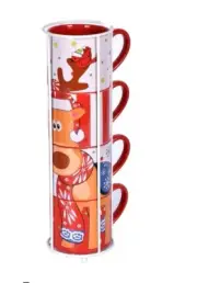 Temp-tations Set of 4 Winter Whimsy Stacking Mugs with Wire Stand, Raindeer NIB