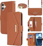 Cavor Crossbody Wallet Case for iPhone 16 Case 6.1" Flip Cover Magnetic Leather Women Handbag Card Slots Holder Zipper Kickstand Purse with Detachable Shoulder Necklace Lanyard Strap-Brown