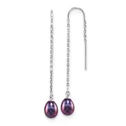 Sterling Silver Rhodium-Plated Polished 7-8mm Black Freshwater Cultured Pearl Threader Earrings