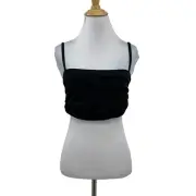 Zara Macedonia Crop Top Womens M Medium Black Back Zip Pleated Thin Straps Tank