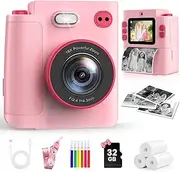 MYSTILUCK Kids Camera Instant Print, 1080P Instant Camera for Kids, Children Digital Cameras with 3 Rolls Photo Paper & 32GB Card, Christmas Birthday Gifts Toys for Boys & Girls Aged 3-12（Pink）