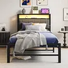Twin Bed Frame with Upholstered Storage Headboard and Charging Station,LED