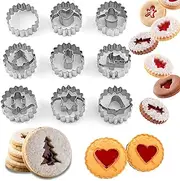 Crethinkaty 9 Pcs Mini Christmas Linzer Cookie Cutters Set, Christmas Stainless Steel Cookie Cutters, Christmas Tree, Gingerbread Man, Snowman, Elk - for Christmas Winter Holiday Baking