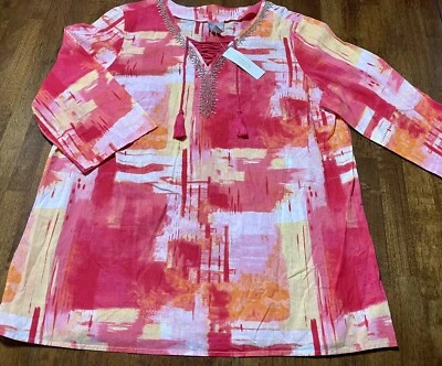 NWT Chico’s Crossroads Lace Up Tunic 3/4 Sleeve Beaded Salsa Size 2 MSRP $64