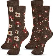 [Janmercy] 2 Pairs Mushroom Crew Sock Wool Mushroom Socks Classic Flower Socks Women Novelty Socks Casual Women's Socks