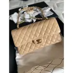 二手折扣 CHANEL 香奈兒 CF 25CM CLASSIC COCO 中號 奶茶色 荔枝皮 金鍊金釦 A01112