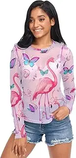 [RPLIFE] Elegant Pink Flamingos Mesh Top Women Long Sleeve, Womens Sheer Top S-XXL