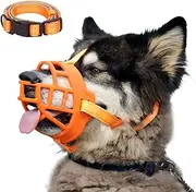 Dog Muzzle, Soft Silicone Basket Muzzle for Dogs, Allows Panting and Drinking, Prevents Unwanted Barking Biting and Chewing, Included Collar and Training Guide (6 (Snout 15-17"), Orange)