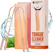 CARRESSA CARE Tongue Scraper with Travel Cases - 100% Pure Copper Tongue Scrubber for Fresh Breath & Easy to Carry - Pack of 2 Tongue Cleaner for Daily Hygiene & Oral Care - Adults