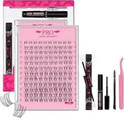 PRO DIY Lash Clusters Kit 120Pcs Lash Extension Kit Wispy Natural Individual Clear Band Lashes D Curl Transparent Invisible Stem Clusters Eyelash Extension Kit with Bond and Seal Applicator Remover(Petal-D-8-16mix)