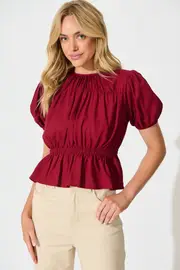Bria Top Short Sleeve in Red Wine Linen Blend 8