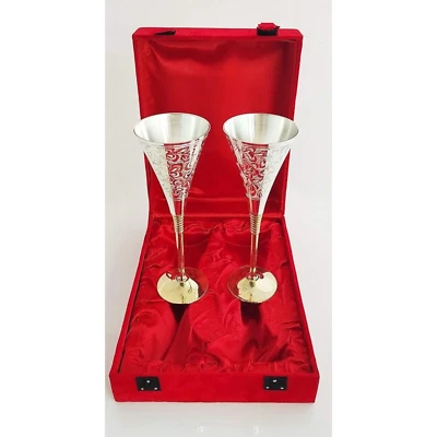 Silver Plated Engraved Goblet Flute Wine Glass with Red Box, 100 ml, Set of 2