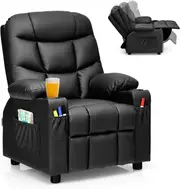 Giantex Kids Recliner Chair PU Leather Armchair w/Cup Holders & Side Pockets Children Sofa Lounge Couch Black