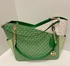 Michael Kors Jet Set Large Chain Mk Signature Logo Tote Handbag Fern Green Multi