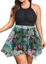 [NIeyook] Plus Size Swimsuit for Women High Neck Tummy Control Bathing Suit 2 Piece Tankini with Shorts Flowvy Mesh Swimwear