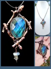 Nature Jewelry, Copper, wood twigs, Labradorite, Unique, one-of-kind, Organic