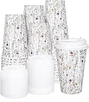 FYSUIMU 50 Sets Wildflower Disposable Coffee Cups with Lids 16 oz Floral Paper Coffee Cups To Go Coffee Cups for Hot Cold Beverage Drinks Party Supplies