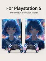 一套PS5光驅版 藍色，短髮動漫女孩，櫻花，霓虹燈皮膚貼紙同時適用於遊戲機和控制器