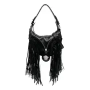 Versace Repeat Fringe La Medusa Mini Hobo Shoulder Bag Black Leather NWT