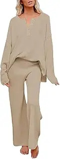 [Uusollecy] Women 2 Piece Sweater Outfit Set Long Sleeve Pullover Knit Lounge Set Knit Wide Leg Pants Tacksuit Loungewear