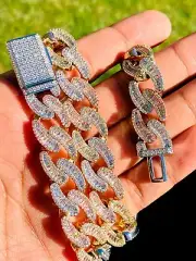 Men's Iced Miami Cuban Link Chain Necklace Icy Choker 14mm Two Tone Silver Cz
