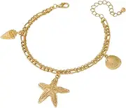 [NewZenro] Starfish Shell Conch Charm Anklet Bracelets for Women Gold Plated Seaside Beach Layered Link Chain Adjustable Ankle Bracelets Hypoallergenic Fashion Trendy Summer Foot Jewelry 9.8in, Medium