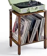 LELELINKY 2-Tier Record Player Stand with Vinyl Record Storage up to 100 Albums, Bedroom Record Holder and Multi-Functional End Table for Living Room, Brown