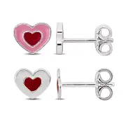 Amour Sterling Silver Children's Heart Enamel Stud Earrings 2 PC Set