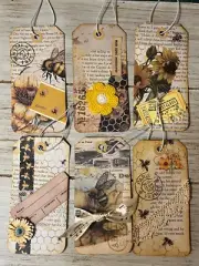 6 Junk Journal Hang Tags "Bees & Flowers" Embellishments Vintage