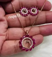 Peacock Burmese Lab Syn Pink Ruby Jewelry Set Gift For Women's Real In 925 SS
