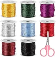Glarks 9Pcs 8 Rolls 50M/55Yards Metallic Cord String Set, 8 Colors Non Stretch Thread Metallic Cord with 1pcs Pink Scissors String Metallic Cord for Jewelry Making