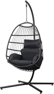 Gardeon Outdoor Egg Swing Chair Rattan Grey Garden Bench Hanging Seat, Patio Baconly Furniture Chairs, with Cushions Stand Wicker Basket Foldable Water Resistant 150kg Capacity