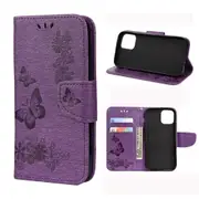 For iPhone 12 mini Case, Vintage Floral Butterfly Folio PU Leather Case,Card Slot, Wallet, Lanyard, Purple