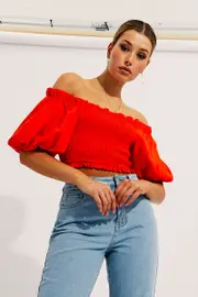 Orange Shirred Top Volume Short Sleeve Crop Linen Blend - Size 10, Women's Crop Top