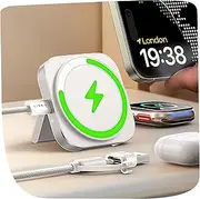 [LISEN] 3 in 1 Cube Charger: White, Minimalist Style Wireless Charging Station for Apple Watch, iPhone, AirPods - MagSafe Compatible, USB-C, Fast Charging