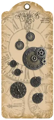 Graphic45 SET OF (8) DECORATIVE METAL CLOCK FACES scrapbooking CHARM PIECES