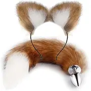 Anal Plug Butt Plug, 2Pcs Sex Fox Tail Anales Plug Toys Butt Plugs with Cat Ears Headband Anal Sex Toys for Women Man Beginners Adult Couples Bondage, Brown/white